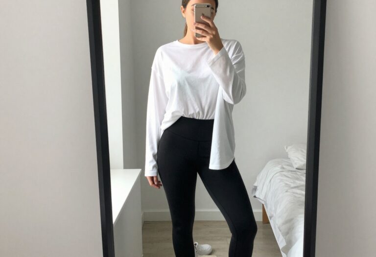 Plus-size woman in high-waisted black leggings and oversized white tee taking a mirror selfie in a bright, clean room, showcasing a balanced workout outfit.