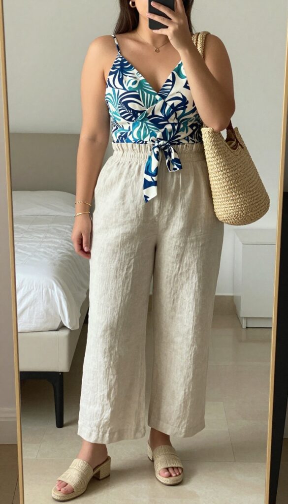 Woman in wrap top and paperbag waist pants with espadrilles and straw bag, mirror selfie