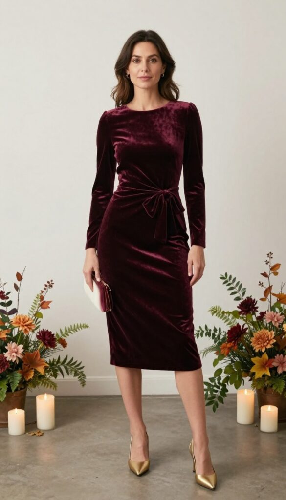 Woman in deep burgundy velvet fitted dress with bow at lower back, gold heels, velvet clutch, looking over shoulder in softly lit ballroom.