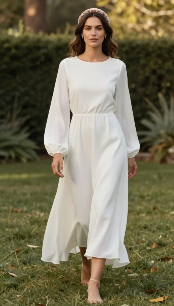 Young woman in flowy white long-sleeved maxi dress with beaded headband, standing in sunlit garden, natural boho wedding look