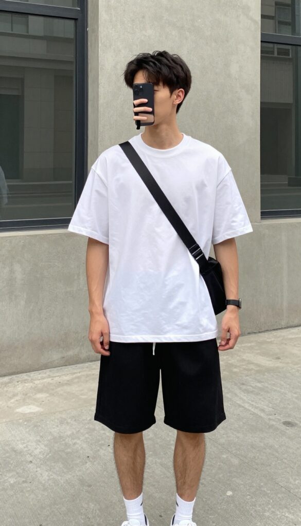 Man wearing black above-the-knee shorts and an oversized white t-shirt, posing casually in an urban setting with sneakers and a crossbody bag.