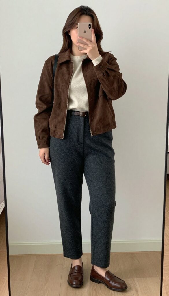Woman in chocolate suede bomber, cream fine-gauge sweater, and charcoal wool trousers, taking a mirror selfie in bedroom.