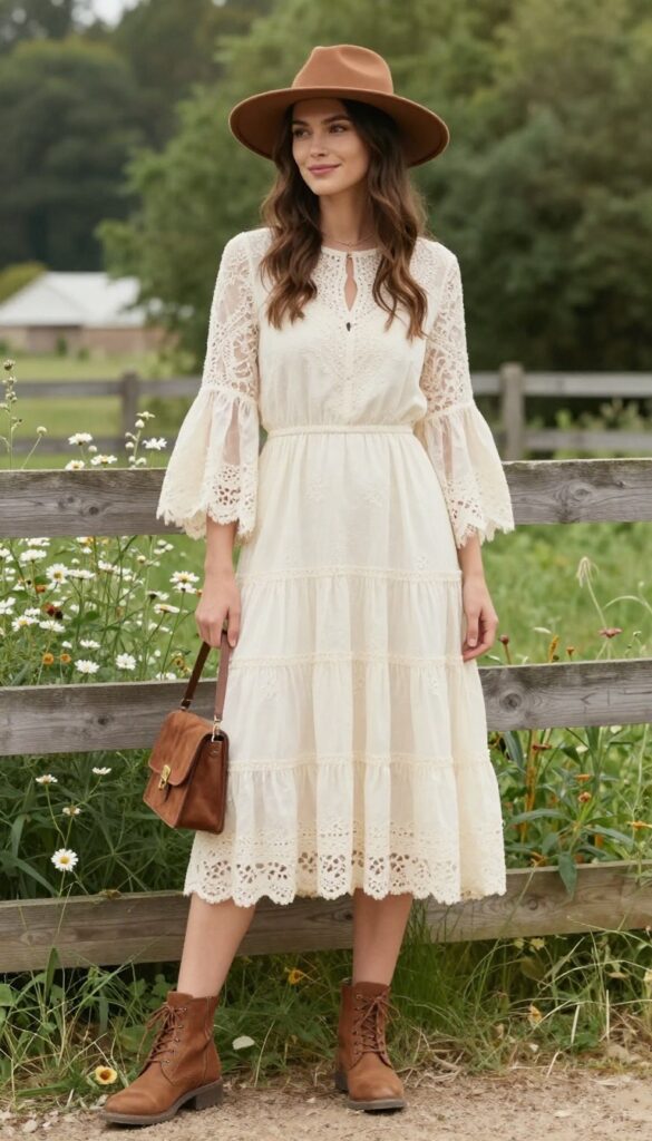 Woman in cream lace boho dress with bell sleeves and wide-brim felt hat at outdoor barn wedding