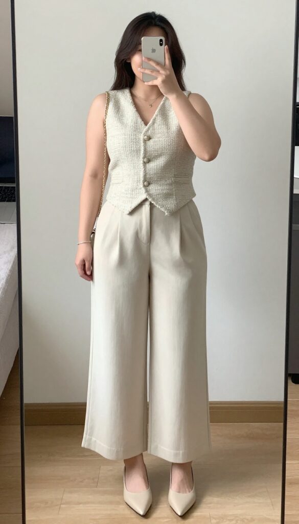 Plus-size woman in structured vest and wide-leg culottes with pointed flats and chain-strap bag, business casual outfit.