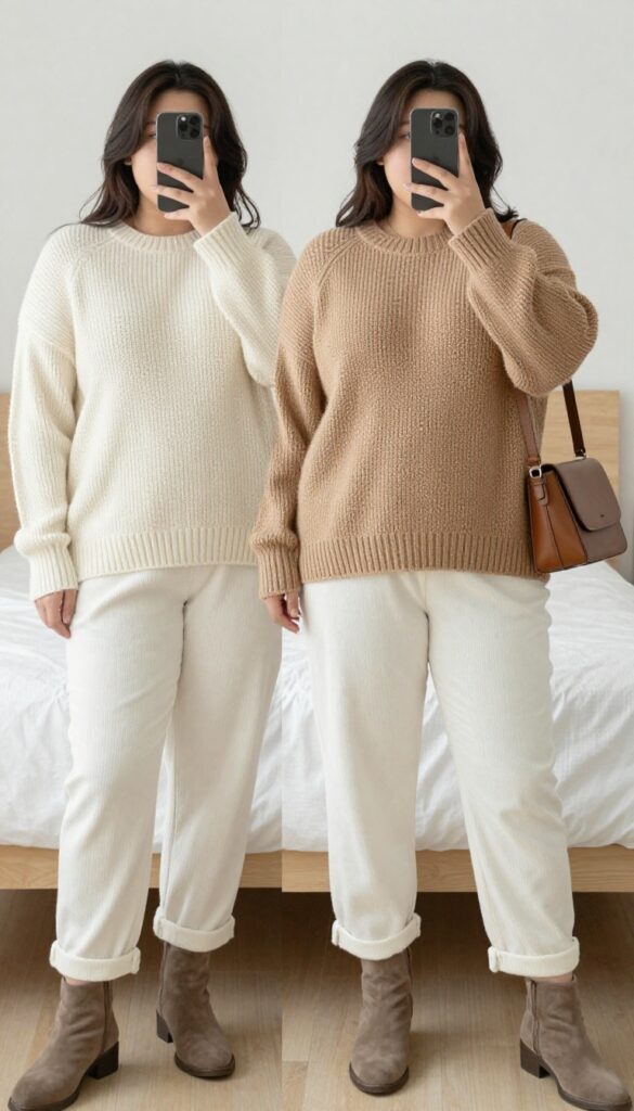A woman in white corduroy pants and an oversized chunky sweater, front tucked, with suede ankle boots, standing in a casual office or coffee shop setting.