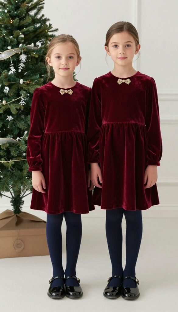 Young girl in burgundy velvet dress with gold floral bow brooch, navy tights, and black patent Mary Janes, posed indoors for a wedding outfit.