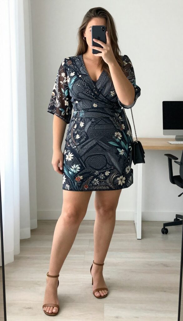A woman in a dark jersey sheath dress with a sheer printed kimono, ankle-strap sandals, and a crossbody bag, standing in a bright office or outdoor setting.