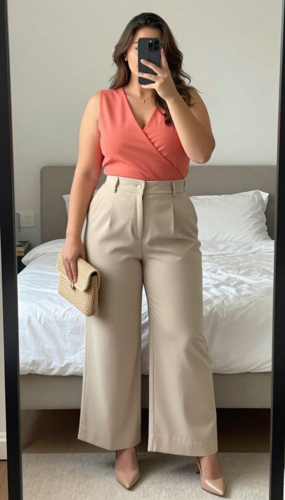 Petite woman in coral wrap top and beige wide-leg trousers, posing in a bright office or cafe setting