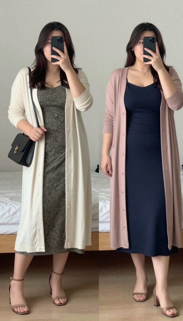 Woman in long cardigan and slip dress, mirror selfie, phone partially covering face, bedroom setting