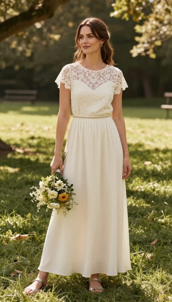 A young woman with fair skin and loose blonde waves stands in a sunlit meadow, wearing an ivory empire waist maxi dress with a beaded belt and silver embellished flat sandals, holding a small bouquet of wildflowers.