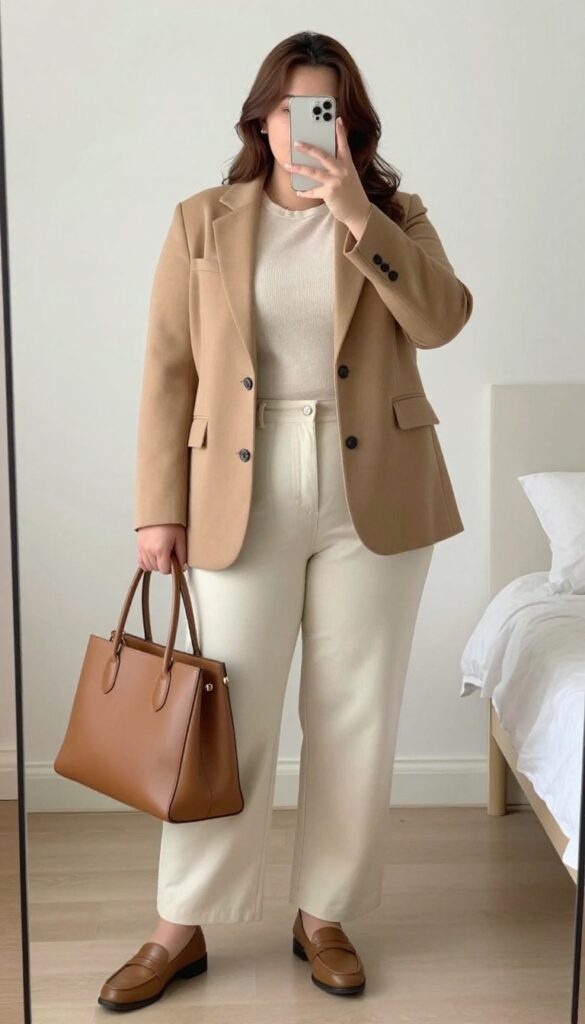 Woman in camel blazer, cream knit, and cream wide-leg trousers posing in mirror selfie