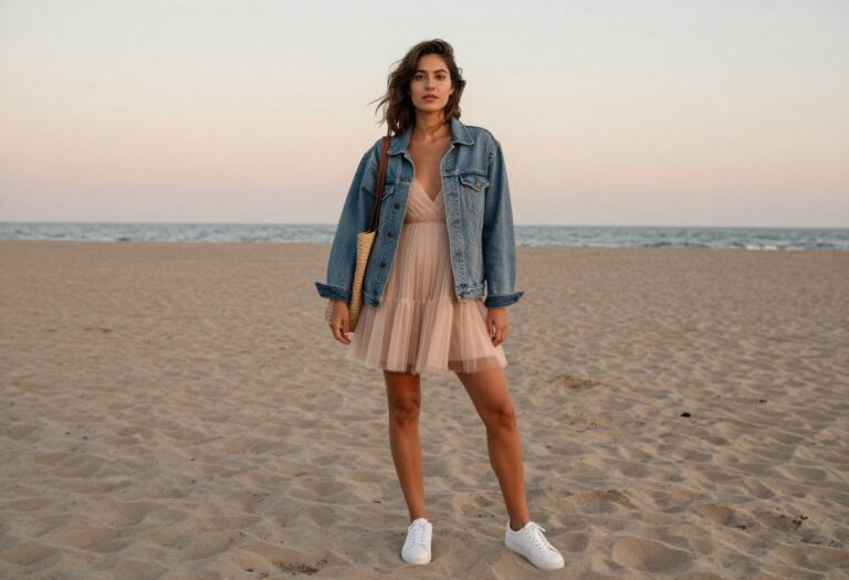 Woman in blush tulle dress with denim jacket and sneakers on beach at sunset