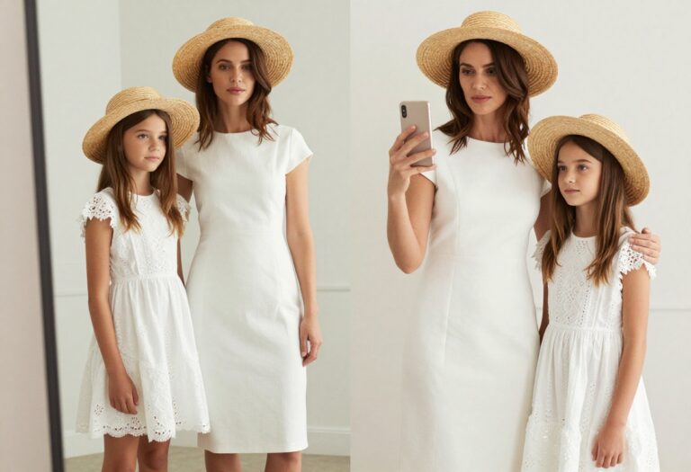 Mother and daughter in matching white dresses taking a mirror selfie, showcasing coordinated yet individual styles for a brunch outing.