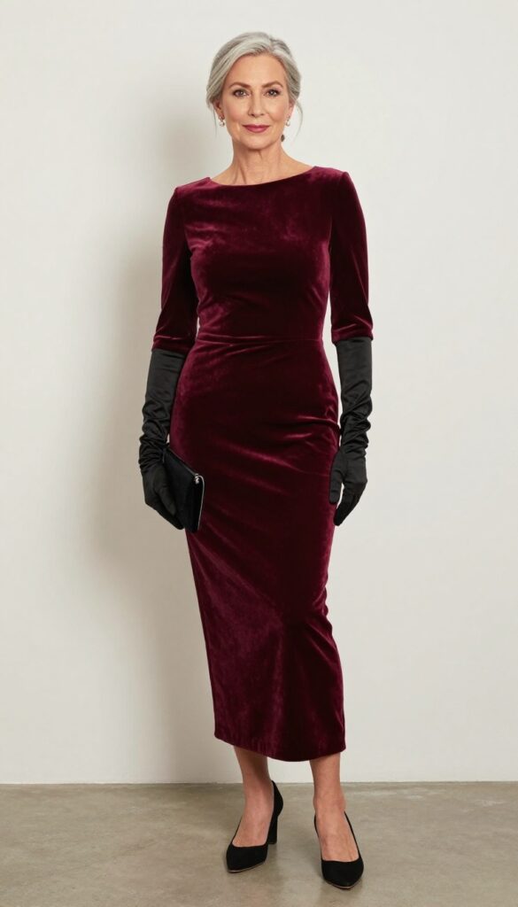 Burgundy velvet fit-and-flare dress with long black satin gloves, black low heels, and black velvet clutch for a winter wedding.