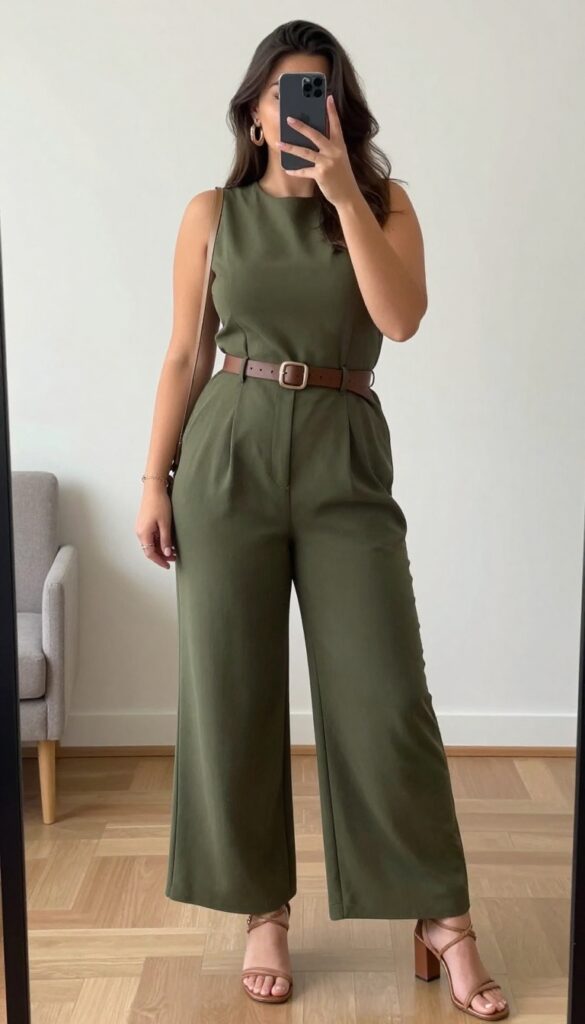 A woman in a wide-leg jumpsuit with a belt and statement earrings, wearing strappy sandals, posing for a business casual outfit.