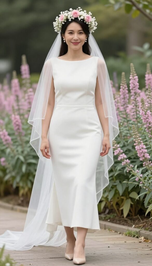 Young adult woman in white mermaid wedding dress with blush veil and floral crown in garden