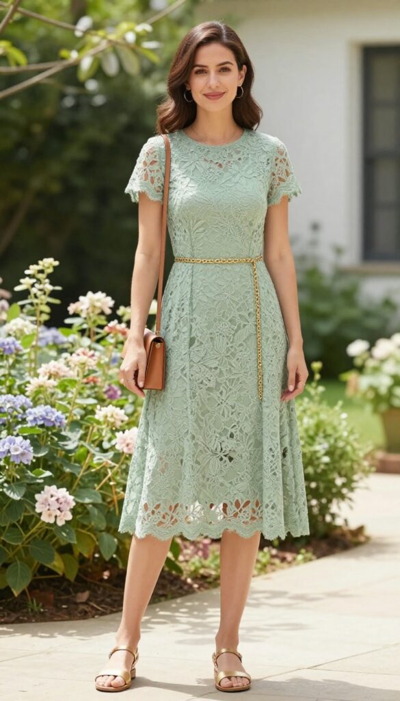 Sage green lace tea-length dress with gold chain belt and sandals, tan crossbody bag, in a sunny garden