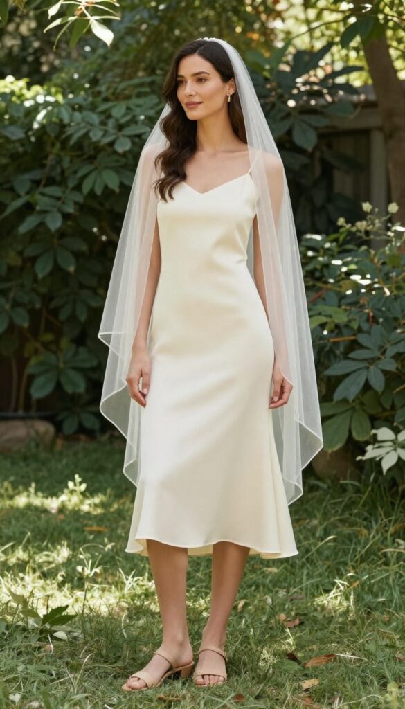 Bride in minimalist slip dress and lightweight veil in garden