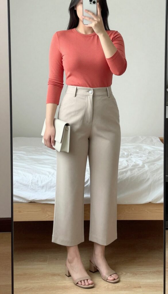Curvy woman wearing cropped wide-leg pants and a fitted coral shell top, holding a structured tote, standing in a bright office or outdoor setting.