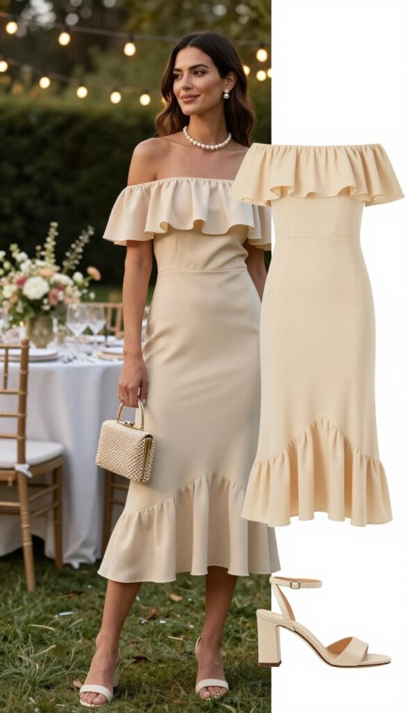 Woman in off-shoulder champagne ruffled dress with pearl choker and mules at garden wedding