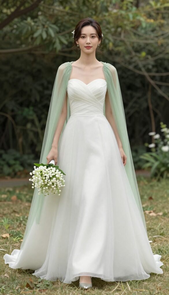 Bride in sweetheart neckline dress with sage green tulle cape, silver heels, and white bouquet in garden