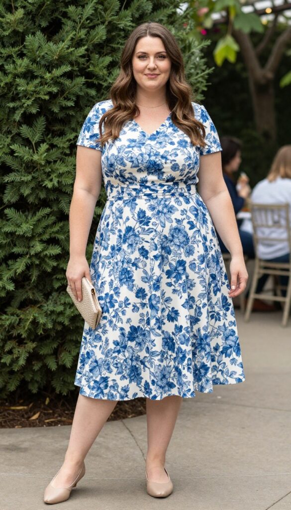 Plus size woman in floral fit-and-flare dress with ballet flats and woven clutch in garden