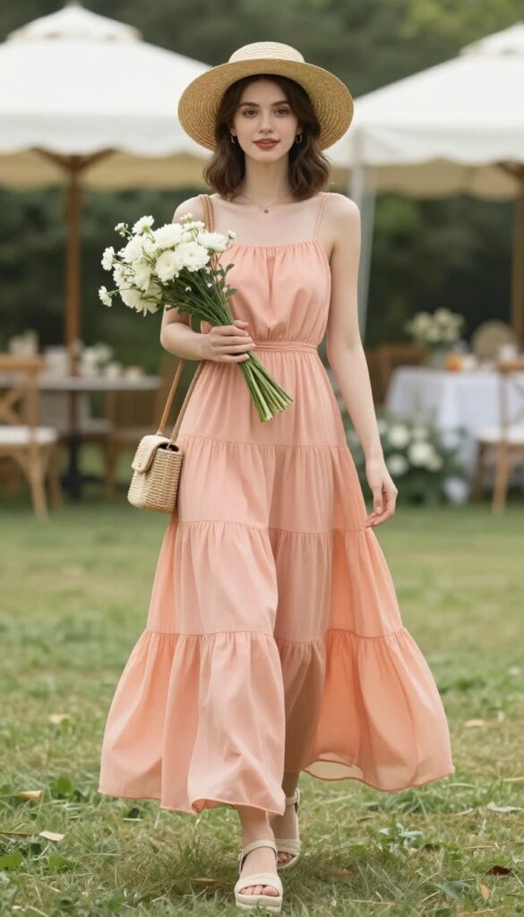 Peach tiered maxi dress with espadrille wedges, rattan bag, and straw hat at a garden wedding