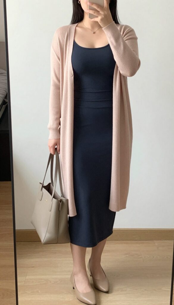Curvy woman in lightweight cardigan, tank top, and pencil skirt for warm business casual meetings.