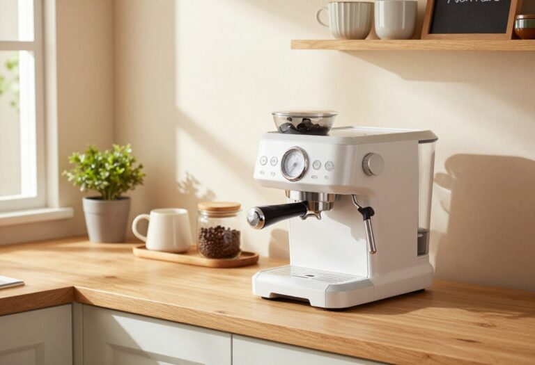 Cozy kitchen coffee station with espresso machine, mugs, and plants on wooden counter