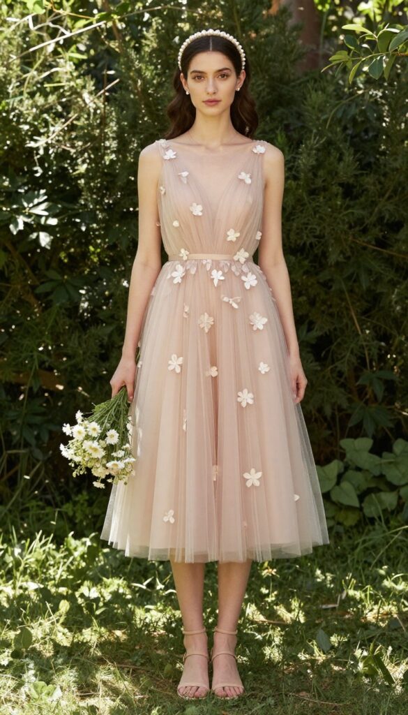 Woman in blush and ivory A-line tulle dress with floral appliqués, pearl headband, strappy nude sandals, holding wildflowers in a sunlit garden