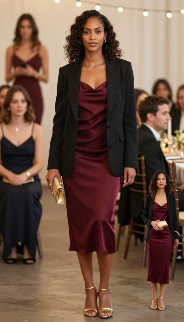 A dark-skinned woman in a burgundy slip dress and black cropped blazer at an evening wedding reception.
