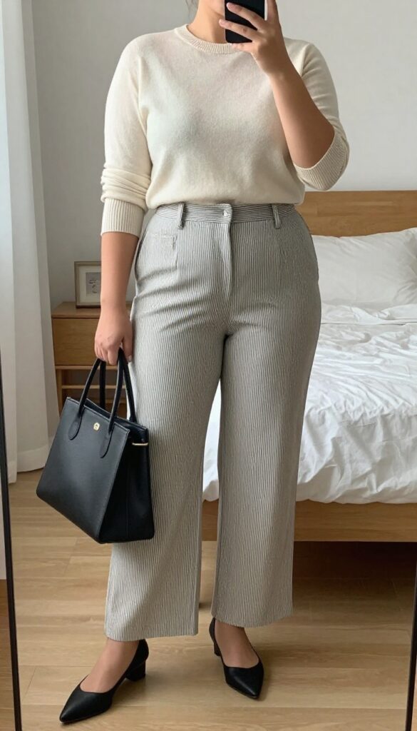 A woman in a tucked-in fine-gauge crewneck sweater and high-waisted wide-leg trousers, wearing pointed flats and carrying a structured tote, standing in a professional setting.
