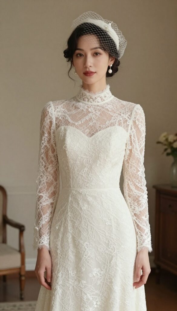 Woman in vintage high neck lace wedding dress with birdcage veil, pearl earrings, and red lip in a cozy vintage room.