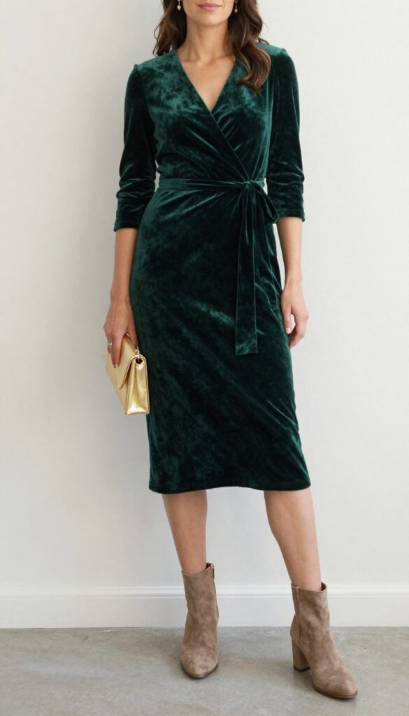 Woman in her 30s wearing deep green velvet wrap dress with tan suede ankle boots and gold clutch, standing in a historic venue with exposed brick and string lights, soft warm lighting, natural Instagram-style photo.