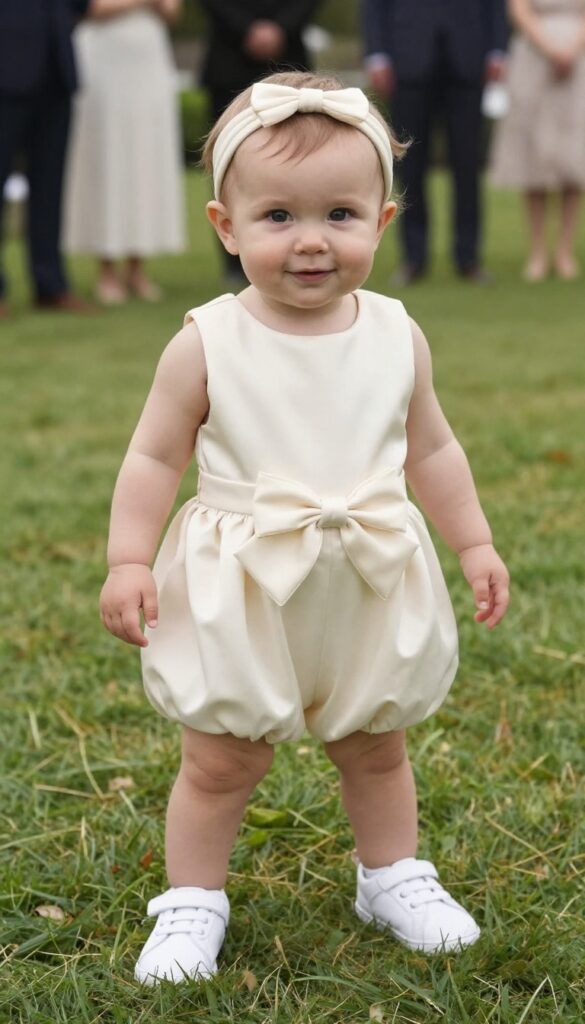 Baby girl in cream satin jumpsuit with bow detail and white sneakers at outdoor wedding