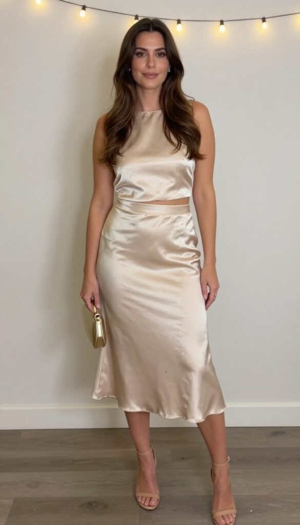 Champagne satin two-piece set with metallic gold threading, nude strappy heels, and gold clutch for an evening wedding.