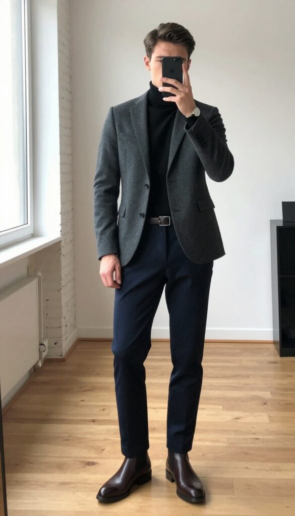 A man in a black turtleneck and charcoal blazer poses for a mirror selfie in a bright office, wearing navy trousers and brown leather boots.
