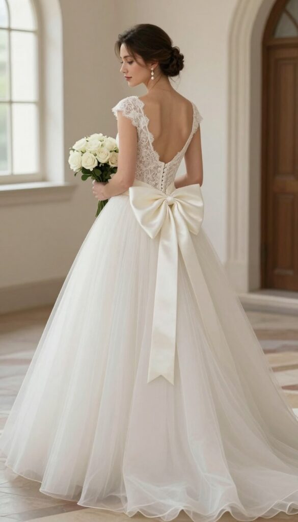 Bride in classic ball gown with statement back bow in church