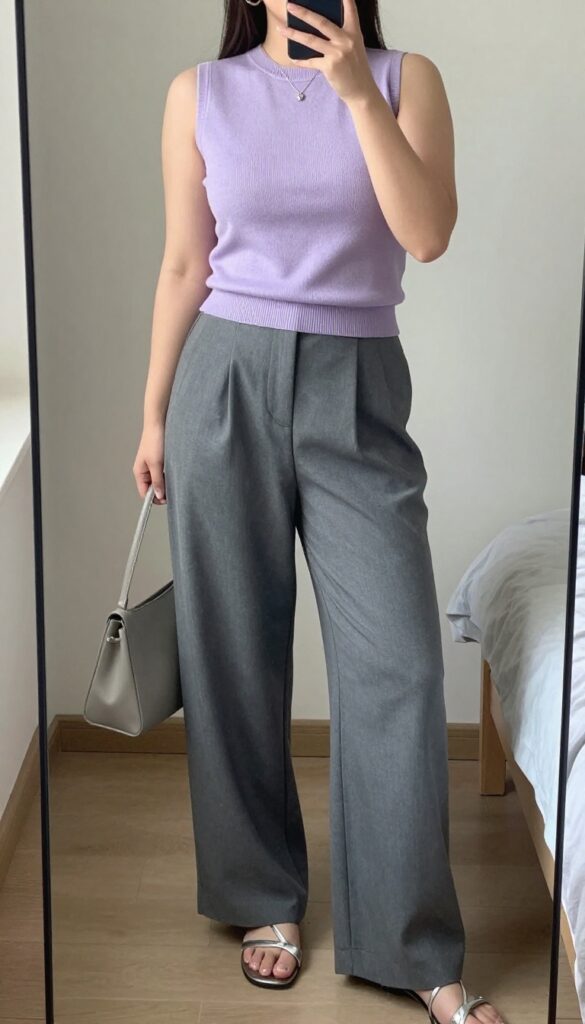 Plus size woman in lavender knit top and gray wide-leg trousers with silver sandals, posing in a mirror selfie.