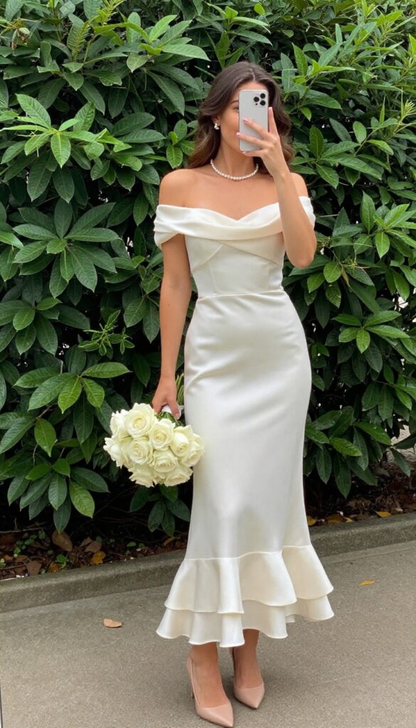 Young adult woman with fair skin and light brown hair in soft waves, wearing off-shoulder fit-and-flare wedding dress with ruffled hem in ivory satin, holding white rose bouquet, standing in lush garden, natural daylight.