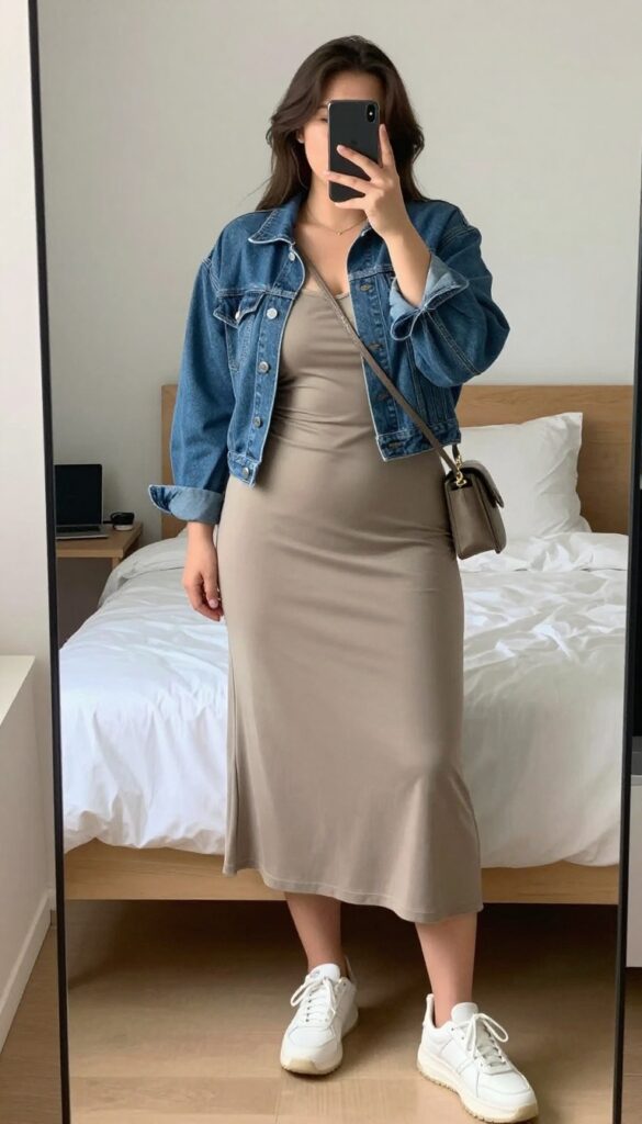 Woman in sage midi slip dress and cropped denim jacket with chunky white sneakers, taking a mirror selfie in bedroom, phone partially covering face.