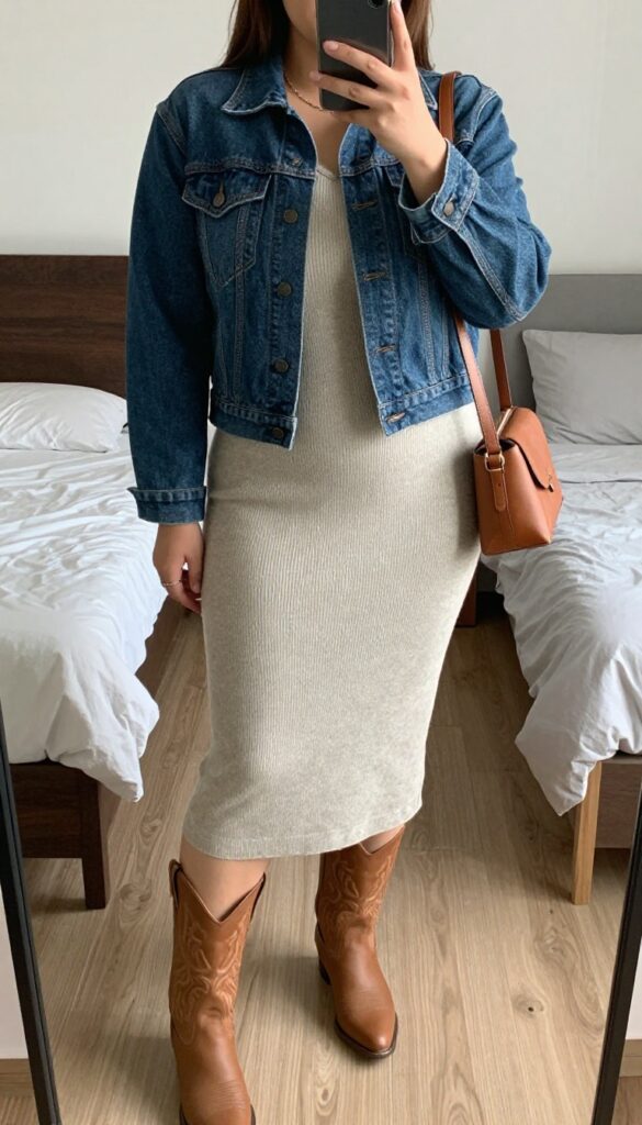 Woman in neutral knit midi dress, cropped denim jacket, and cowboy boots, holding a crossbody bag, standing in front of a mirror taking a selfie, partially covering face with phone.