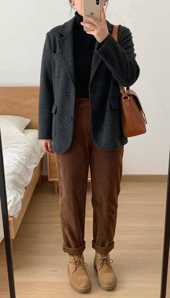 Woman in black turtleneck and brown corduroy pants with blazer, taking mirror selfie in bedroom