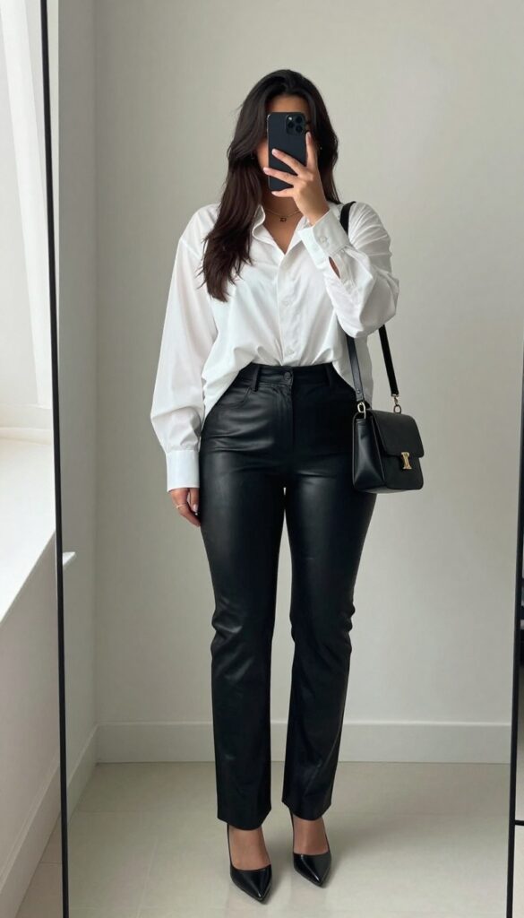 Plus-size woman in black leather pants and oversized white shirt taking a mirror selfie, half-tucked shirt, heeled boots, crossbody bag, bright natural light, modern fashion blog style.