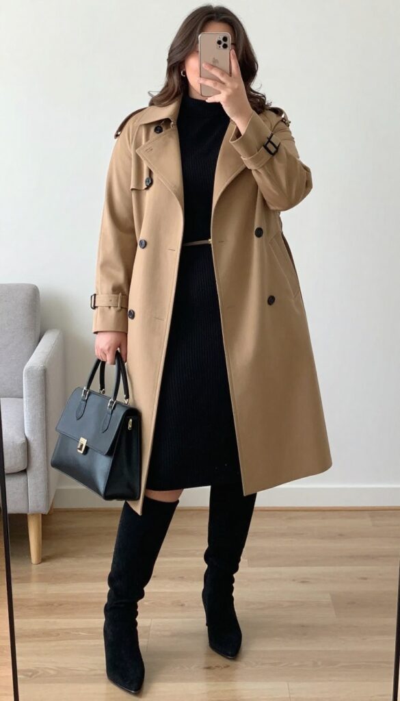 Plus size woman wearing a belted camel trench coat over a fitted black knit dress with knee-high boots and a satchel bag