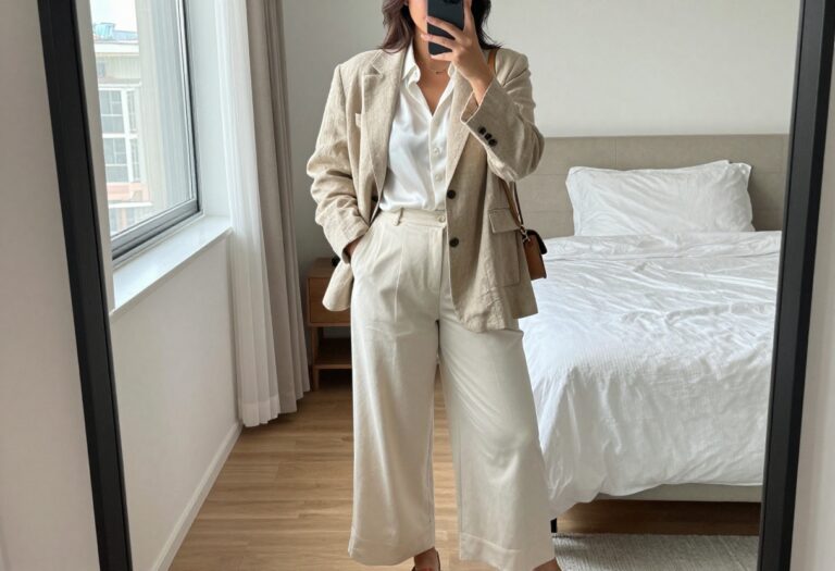 Woman in relaxed business casual outfit taking a mirror selfie in bedroom, wearing linen blazer and wide-leg trousers