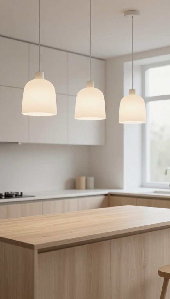 Modern kitchen island with three white frosted acrylic pendant lights emitting soft diffused light in a bright minimalist Scandinavian kitchen