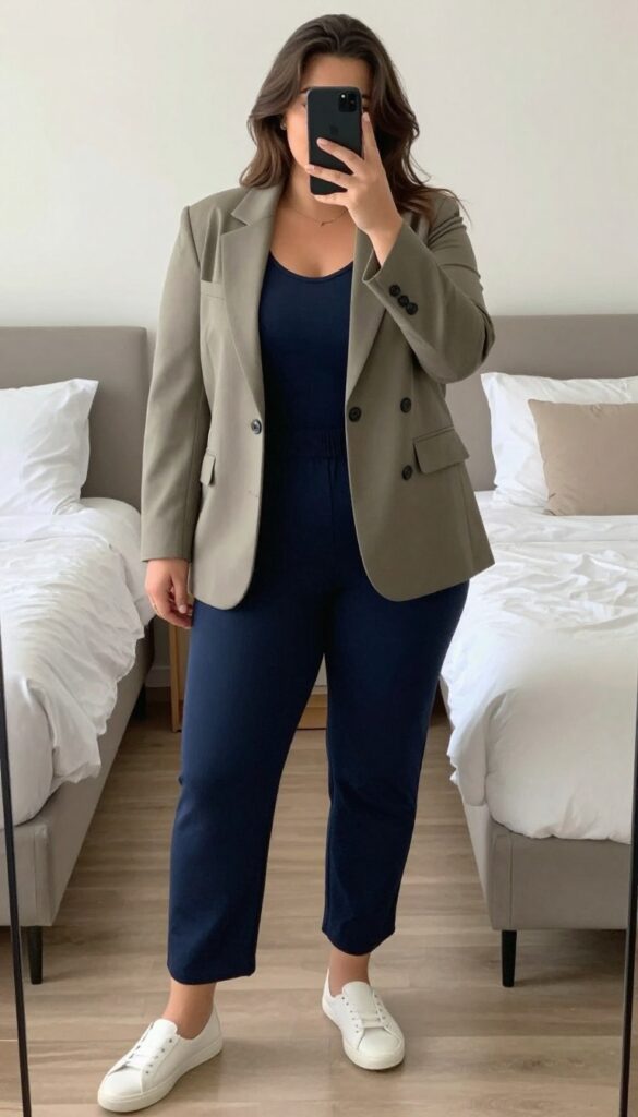 Woman in navy jumpsuit and beige cropped blazer with white slip-on sneakers, holding a phone in front of a mirror, bedroom background.