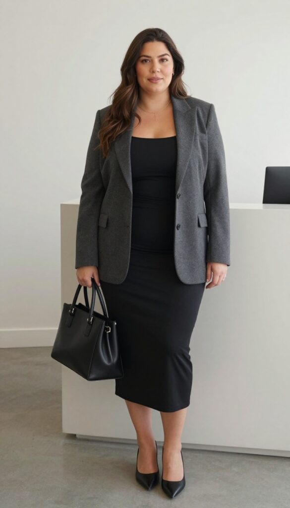 Plus-size woman in black bodycon dress and charcoal blazer with heels in office lobby