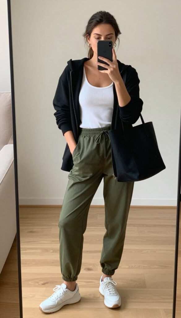 A woman in olive joggers, a white fitted tank, and a black zip hoodie takes a mirror selfie, holding a phone to partially cover her face, with a tote bag and sneakers.